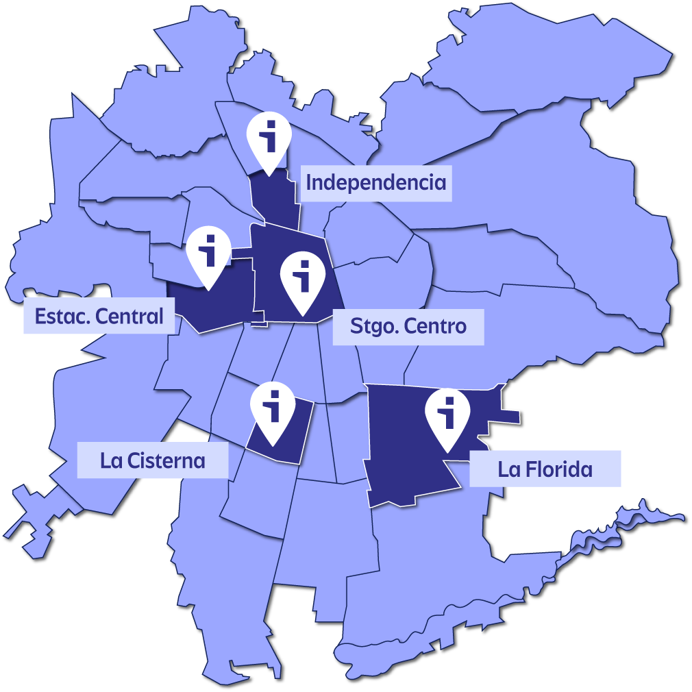 Mapa con comunas: Santiago Centro, La Cisterna, Independencia, La Florida y Estación Central