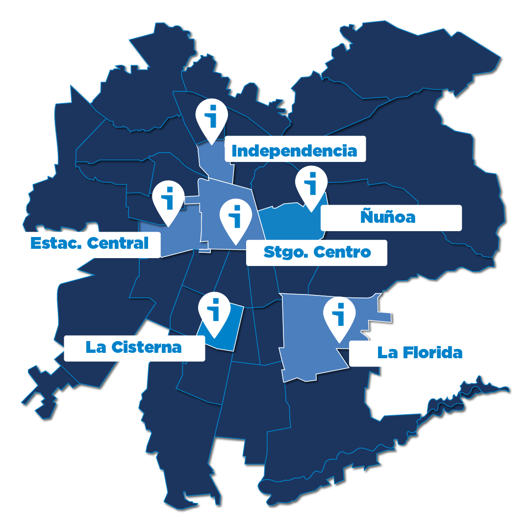 Mapa con comunas: Ñuñoa, Santiago Centro, La Cisterna, Independencia, La Florida y Estación Central