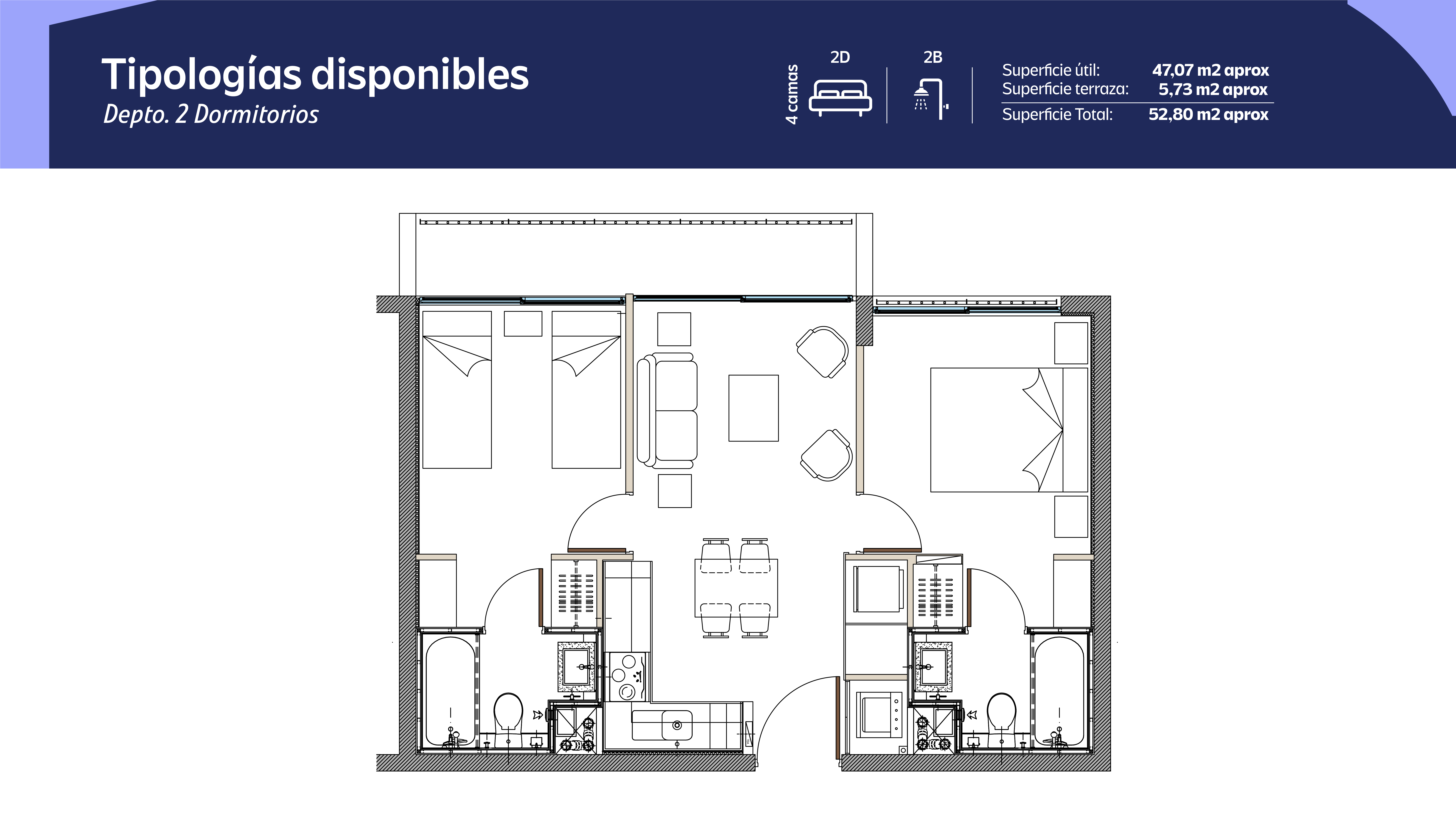 Tipología 2 Dormitorios 2 Baños