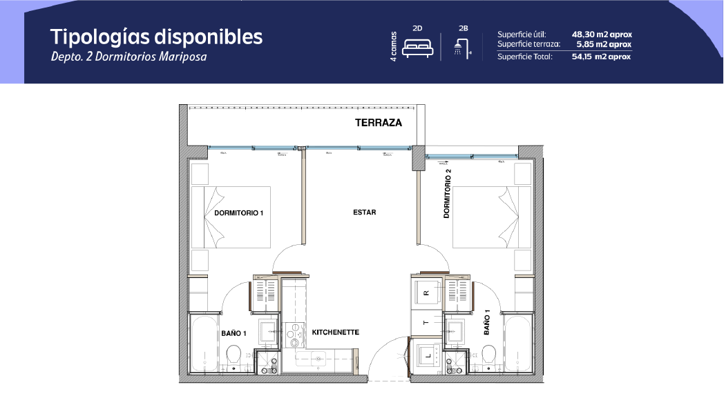 Tipología 2 Dormitorios 2 Baños