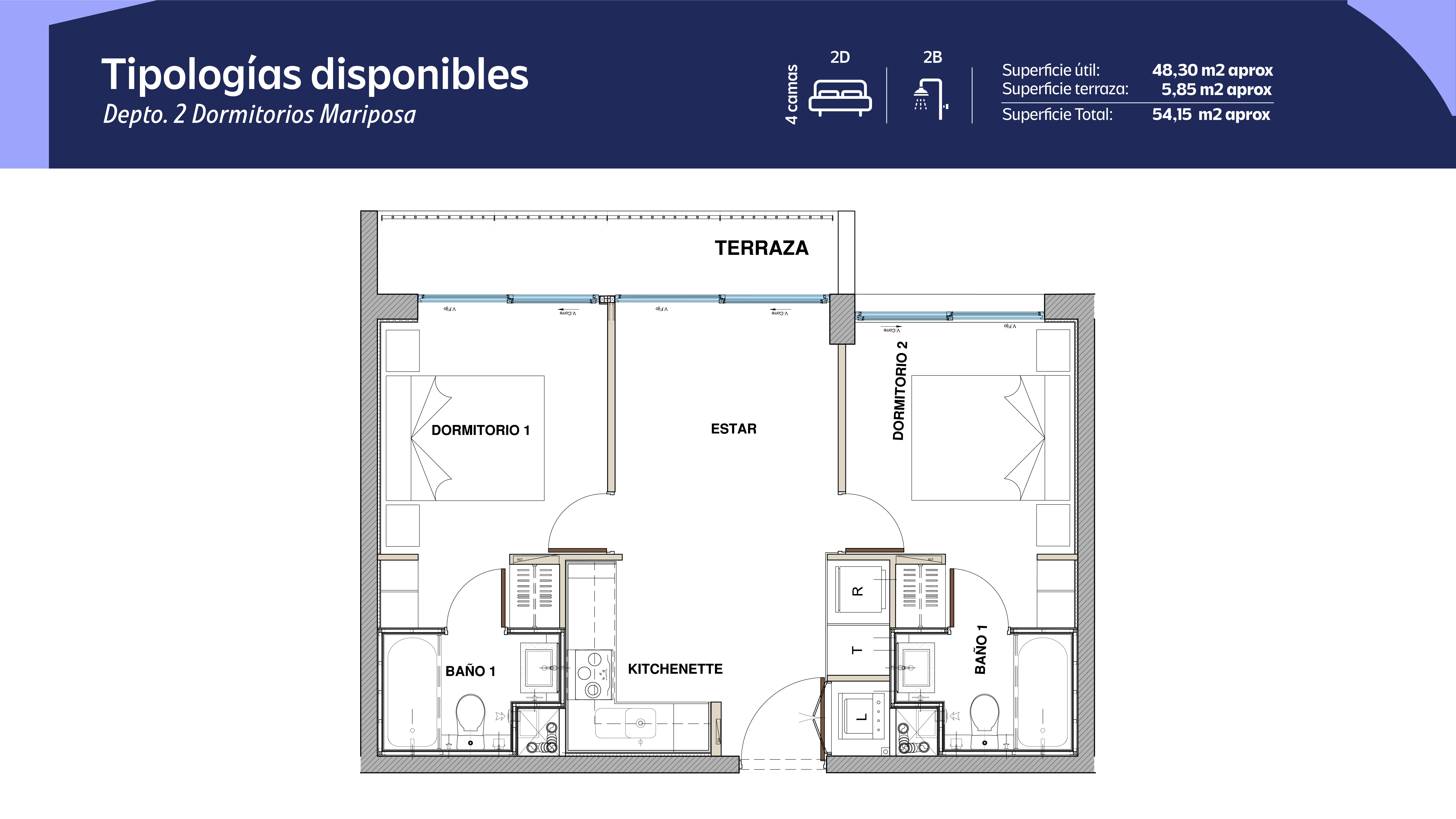 Tipología 2 Dormitorios 2 Baños