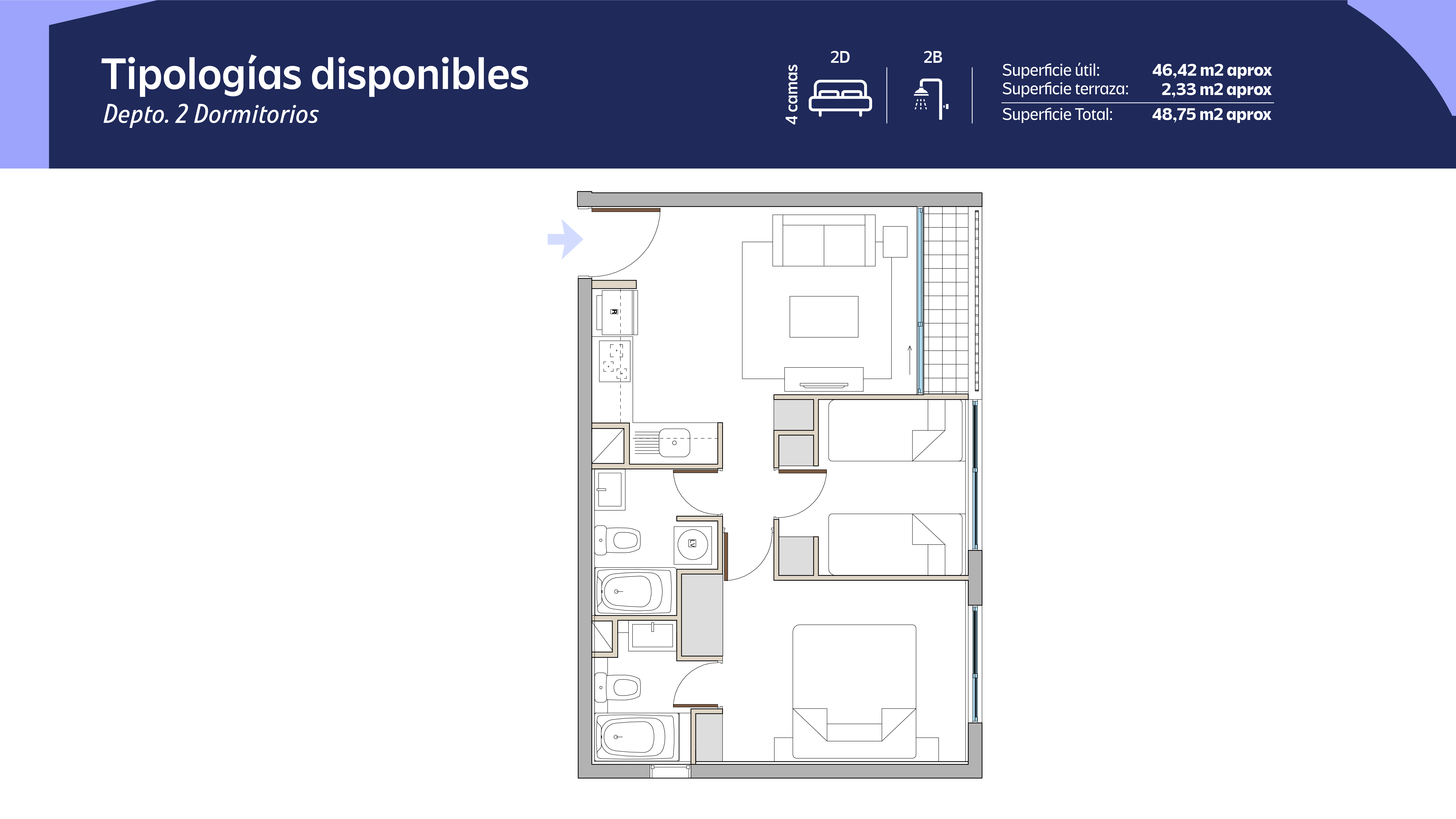 Tipología 2 Dormitorios 2 Baños