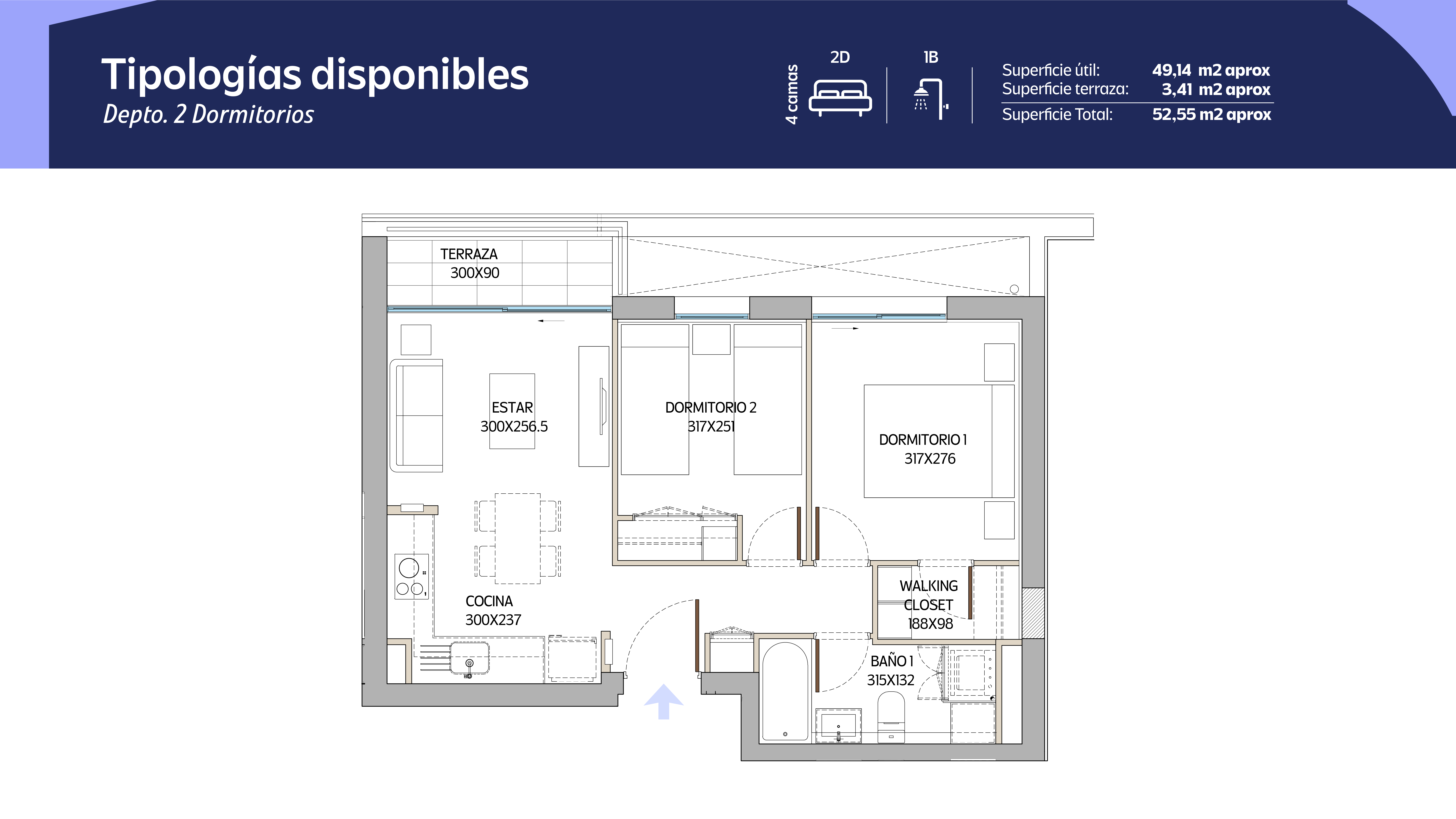 Tipología 2 Dormitorios 2 Baños