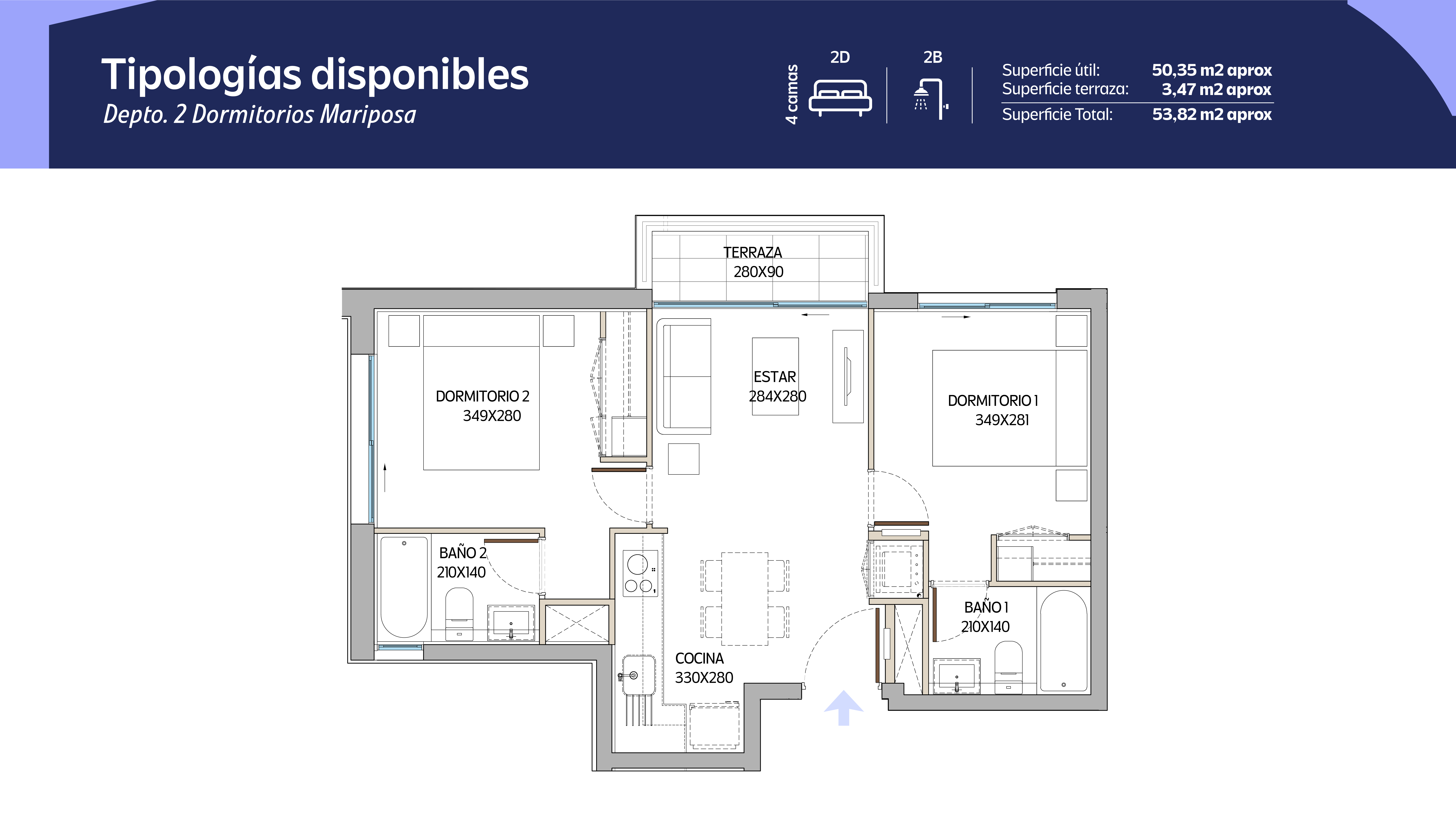 Tipología 2 Dormitorios 2 Baños