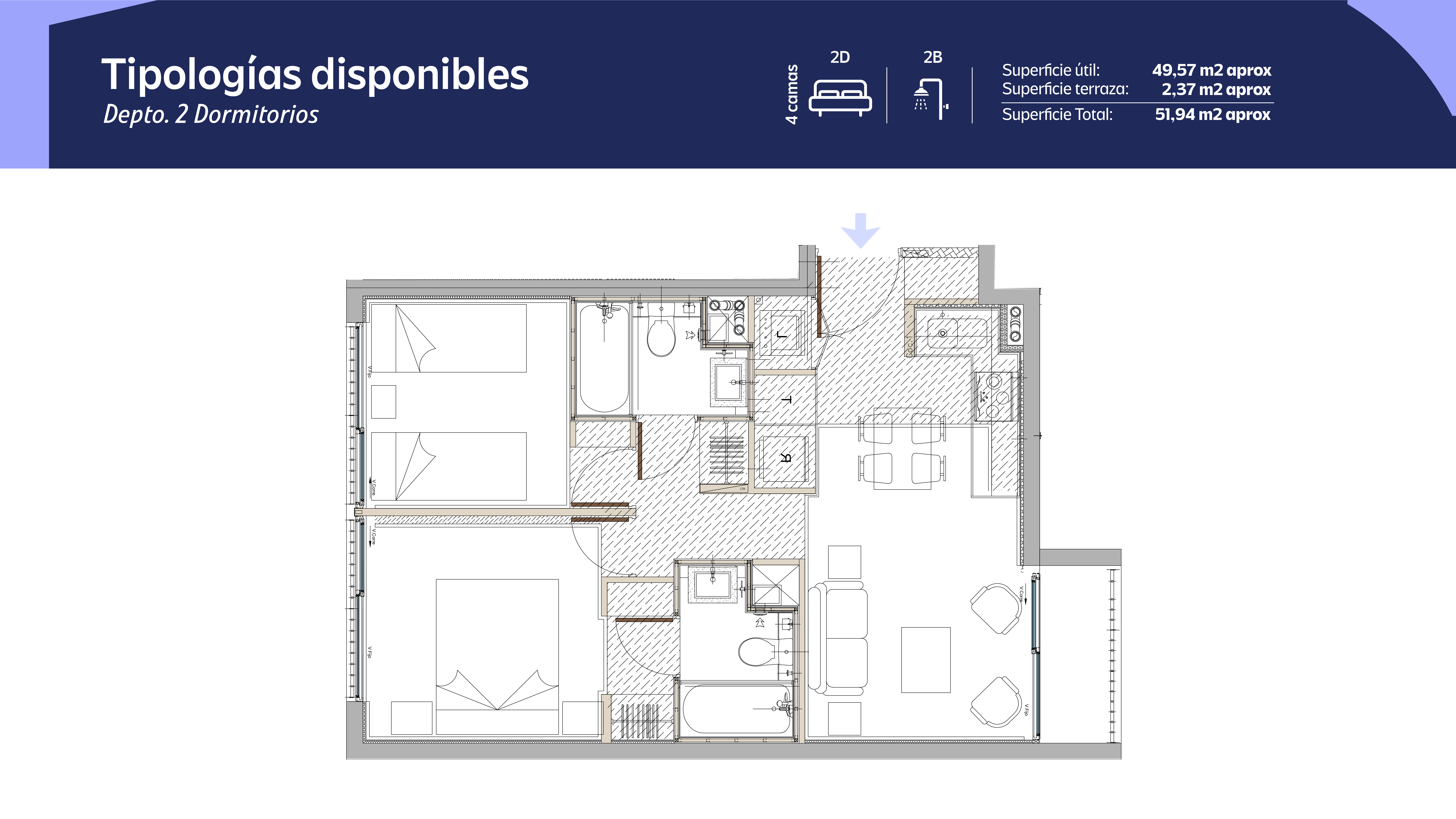 Tipología 2 Dormitorios 2 Baños
