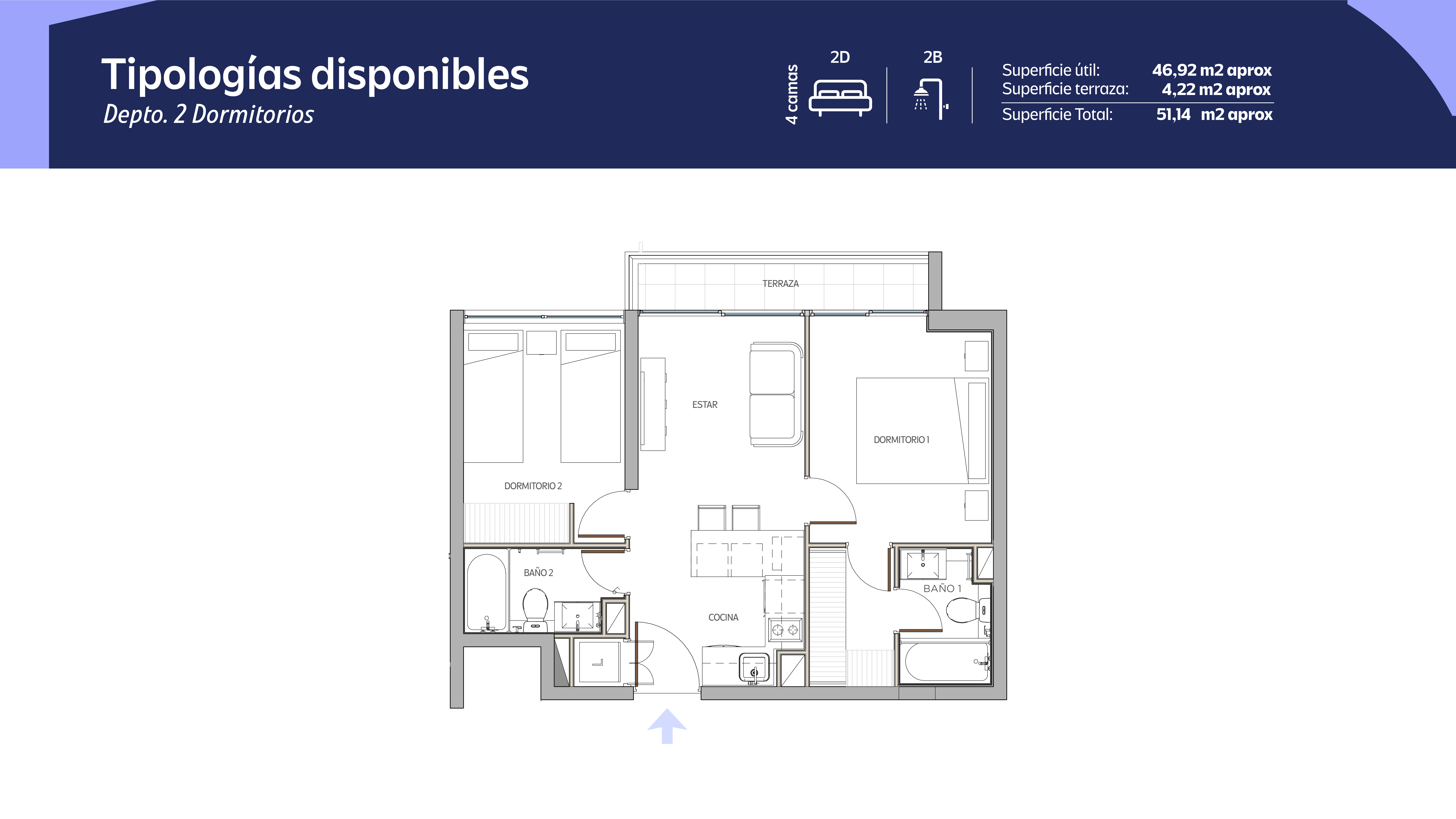 Tipología 2 Dormitorios 2 Baños
