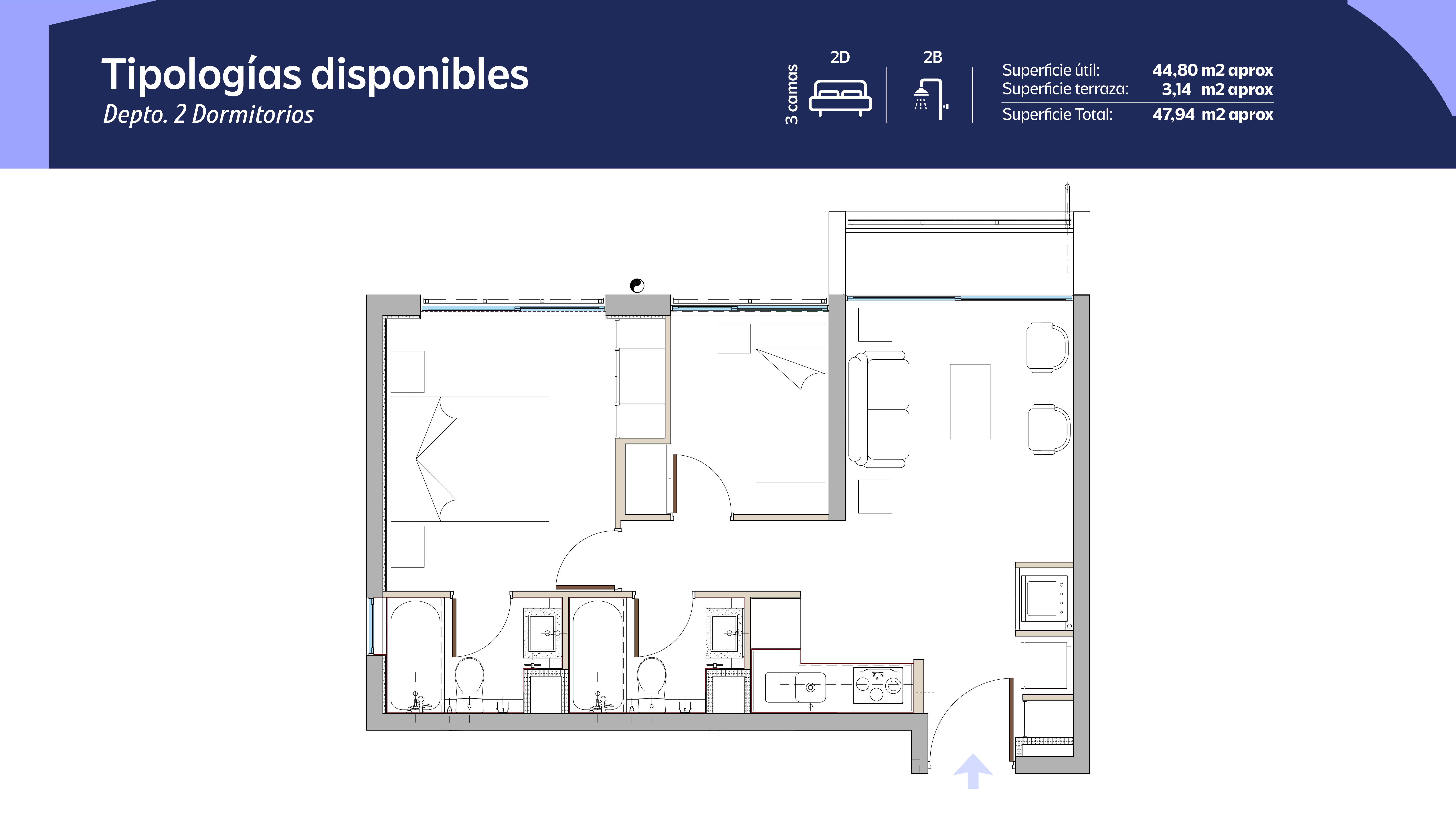 Tipología 2 Dormitorios 2 Baños