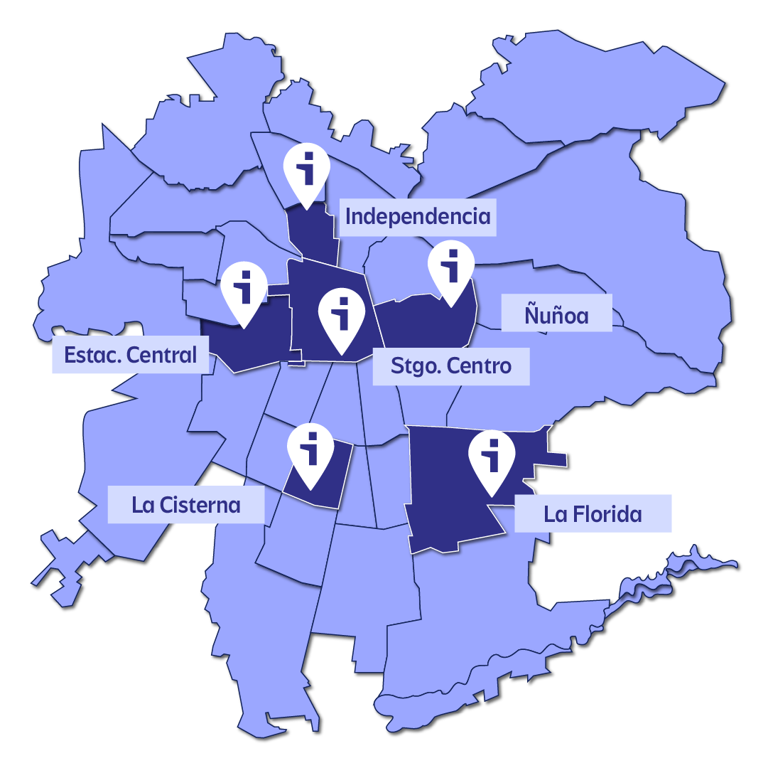 Mapa con comunas: Ñuñoa, Santiago Centro, La Cisterna, Independencia, La Florida y Estación Central